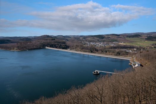 Panoramic landscape of Ronsdorfer reservoir at summertime, recreation and hiking area of Bergisches Land, Germany
