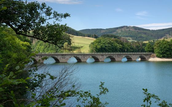 Panoramic image of Lake Diemel, Sauerland, Germany