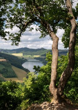 Panoramic view from the forest towards Lake Diemel, Sauerland, Germany