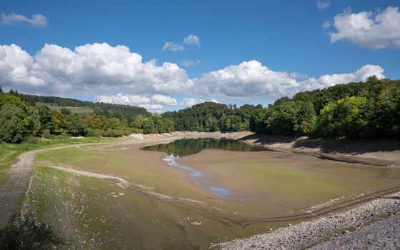 Low water in drinking water reservoir Henne lake, drought in North Rhine Westphalia, Sauerland, Germany