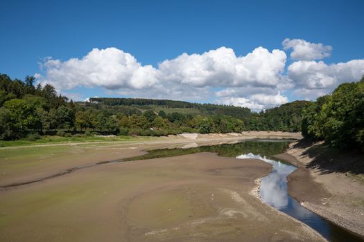 Low water in drinking water reservoir Henne lake, drought in North Rhine Westphalia, Sauerland, Germany