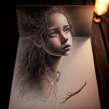 Girl's face. beautiful 3d sketch with colored elements. The drawing goes off the paper. High quality illustration