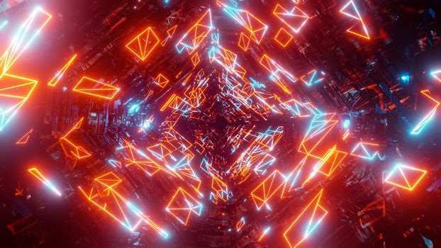 Flying through a neon tunnel with rings. 3D rendering illustration.