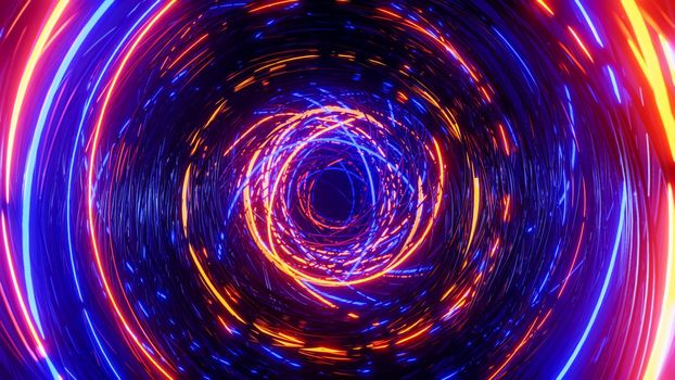 Flying through flashing rings. 3D rendering illustration..