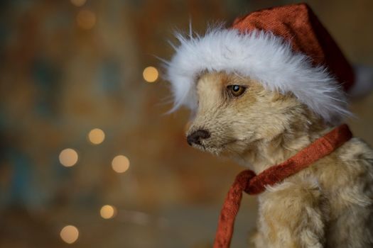 Christmas card greeting with cute handmade teddy bear with red Santa cap on brown background. high quality photo