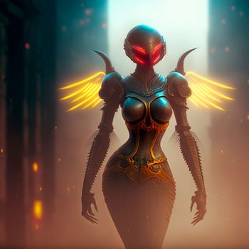 Mysterious cyborg woman with golden wings. High quality photo