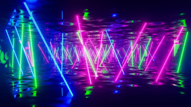 Flying down a corridor with multicolored fluorescent lights. 3D rendering illustration..