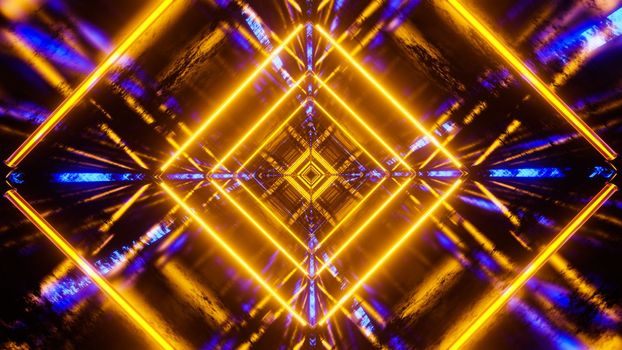 Flying in a tunnel with flashing yellow fluorescent lights. 3D rendering illustration..