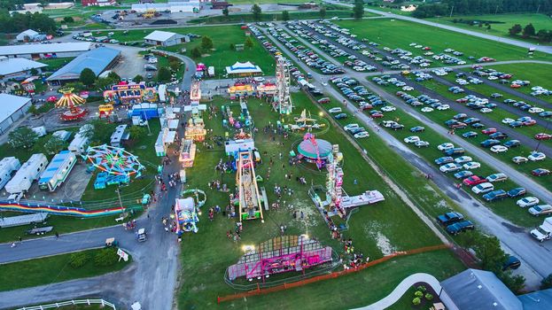 Image of Allen County Fair carnival aerial during dusk with rides