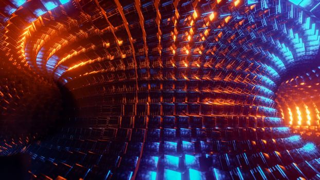 Flying through a tunnel of blue and orange metal cubes. 3D rendering illustration..