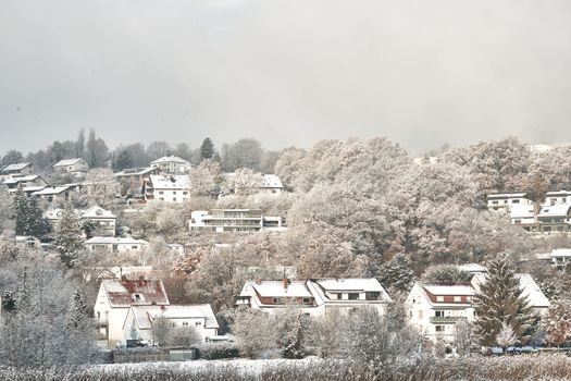 snow covered the city of Fulda. Pictured are Aschenberg Horas and Niesig part of the city of Fulda in Hesse Germany in winter in December 2022. High quality photo