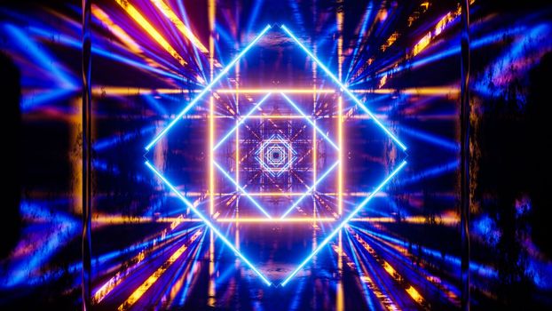 Flying in a tunnel with flashing blue and yellow fluorescent lights. 3D rendering illustration.