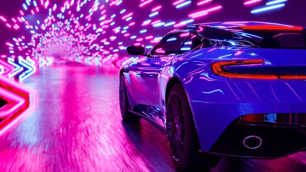The sports car rushes along the night road. Rear view. 3D rendering illustration..