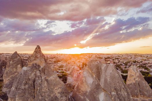 Beautiful stunning view of the mountains of Cappadocia and cave houses. Turkey.