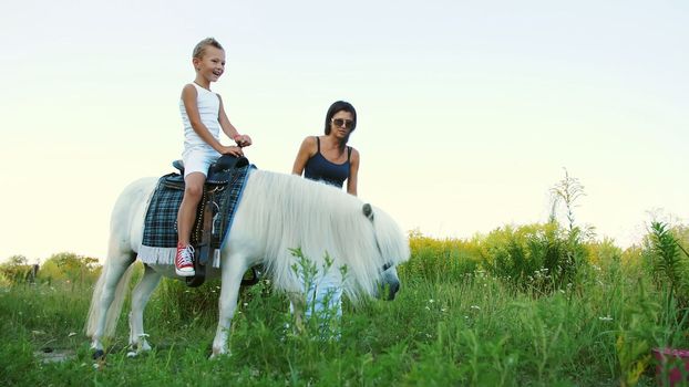 A woman and a boy are walking around the field, son is riding a pony, mother is holding a pony for a bridle. Cheerful, happy family vacation. Outdoors, in summer, near the forest. High quality photo