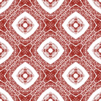 Ethnic hand painted pattern. Wine red symmetrical kaleidoscope background. Textile ready mesmeric print, swimwear fabric, wallpaper, wrapping. Summer dress ethnic hand painted tile.