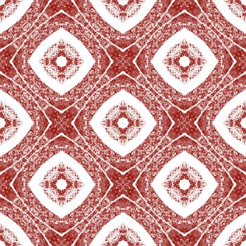 Ethnic hand painted pattern. Wine red symmetrical kaleidoscope background. Textile ready mesmeric print, swimwear fabric, wallpaper, wrapping. Summer dress ethnic hand painted tile.