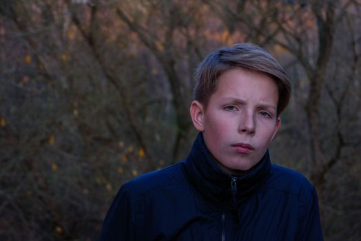 Portrait of a cute boy in blue clothes on the background of the autumn forest. Portrait of a sad and serious boy on a blurred background of nature. Dramatic portrait of a worried abandoned boy.