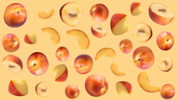 Creative levitation pattern with peach ruits. Selective focus. Isolated fruit. Packaging concept. Clip art image for package design.