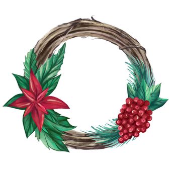 watercolor Christmas wreath with berries, leaves,flowers Poinsettia. Hand-drawn watercolor illustration