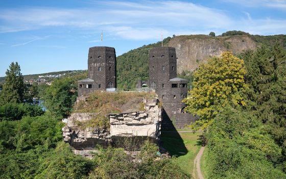 Panoramic image of ruin of the Remagen bridge,  second world war memorial in Germany