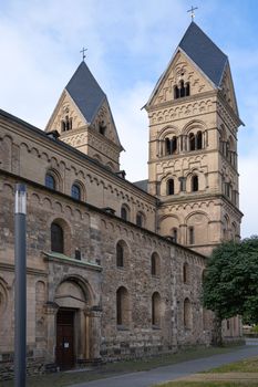 Parish church Maria Himmelfahrt against blue sky, Andernach, Germany