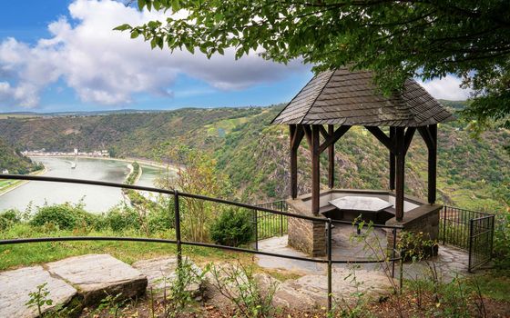 Panoramic image of viewpoint opposite to famous rock Loreley at Rhine river, Rhine Valley, Germany