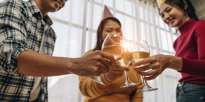 Cheers Young happy friends are toasting at the party at home. All wearing casual clothes and having fun