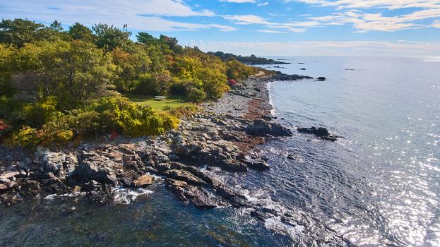 Image of Patch of Maine coastline from above with rocky edge and green forest