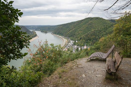 Panoramic image of Rhine Valley close to Sankt Goar against cloudy sky, Rhineland-Palatinate, Germany