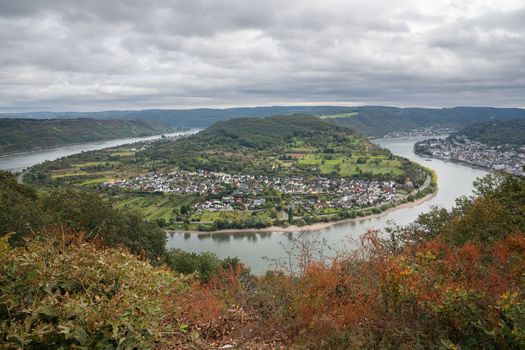 Panoramic image of Rhine river loop close to Boppard, Rhine Valley, Rhineland-Palatinate, Germany