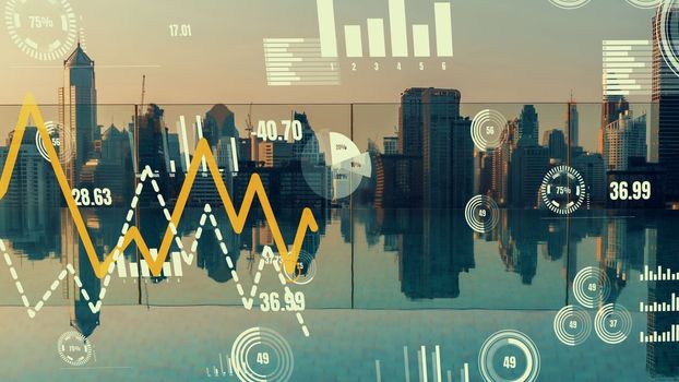 Business data analytic interface fly over smart city showing alteration future of business intelligence. Computer software and artificial intelligence are used to analyze big data for strategic plan .