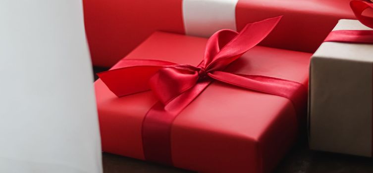 Christmas gifts, boxing day and traditional holiday presents, classic xmas gift boxes, wrapped luxury present for birthday, New Year, Valentines Day and holidays concept