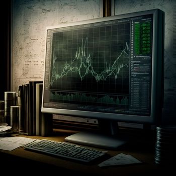 computer and screens with graphs in the office in retro style, graph analysis and world map. High quality illustration