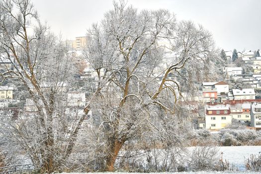 snow covered the city of Fulda. Pictured are Aschenberg Horas and Niesig part of the city of Fulda in Hesse Germany in winter in December 2022. High quality photo