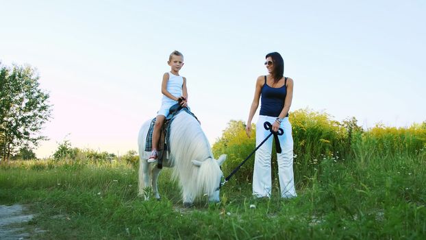 A woman and a boy are walking around the field, son is riding a pony, mother is holding a pony for a bridle. Cheerful, happy family vacation. Outdoors, in summer, near the forest. High quality photo