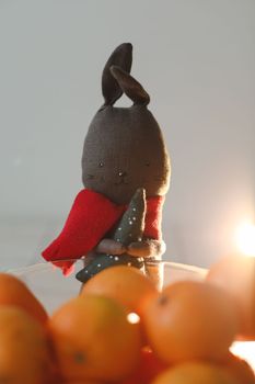 Toy rabbit - symbol of the Chinese New Year. Gift and decorations. Christmas, winter, happy New Year 2023 concept.