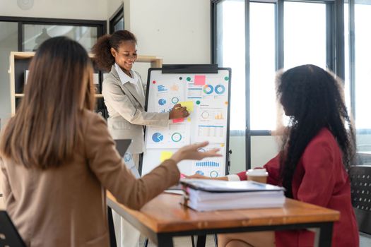 Asian business workgroup designers team with asian woman leader discuss paperwork financial report statistical data, forecasting working on common project. Brainstorm, briefing activity concept..