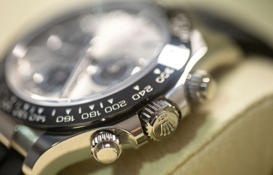 LJUBLJANA, SLOVENIA - December 12, 2021: Luxury watch Rolex Oyster Perpetual close up with selective focus. High quality photo