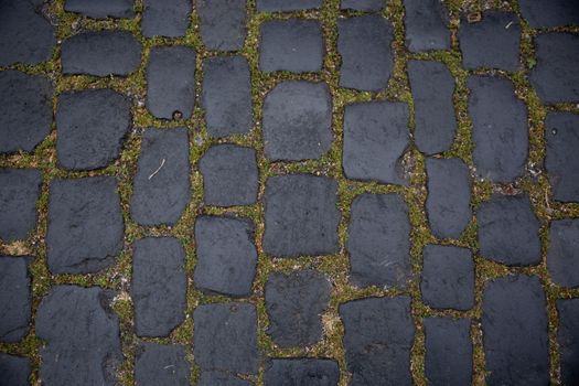 a road made of some squre stone with some dry leafs. Stone patio tiles. Texture Figured Paving Slabs. seamless texture. high resolution. Coating with modern textured paving tiles of square shape. Paving slabs close up as a background. Pavement top view. Pavement texture. Background of old cobblestone pavement close-up. Pavement road stone. Texture of the modern street architecture. View from above. Round Manhole Cover Utility Shaft. High quality photo