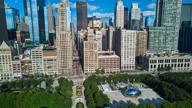 Image of Chicago aerial view at Millennium Park looking down street and by Cloud Gat The Bean