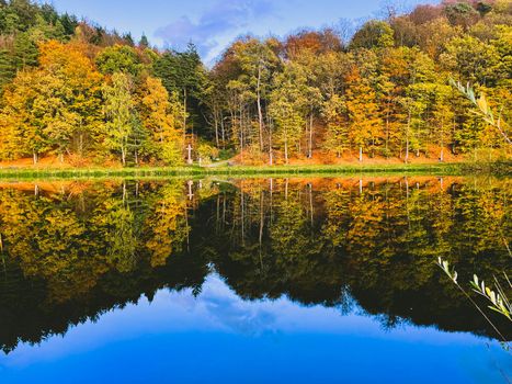 A forest lake surrounded by autumn foliage wallpaper. Forest lake in autumn background. Autumn forest lake postcard. Forest lake in autumn landscape in Marbach Fulda Hesse Germany. High quality photo