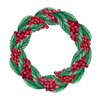 Watercolor Christmas wreath with Rowan leaves,Holly berries. Decorative Christmas decoration