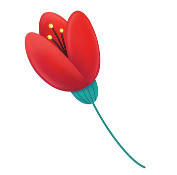 illustration of minimalist style tulip with bright red petals and green stem isolated on white background.