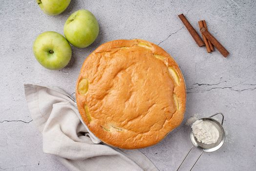 Traditional charlotte apple pie charlotte on concrete table with fresh apple and cinnamon , view from above