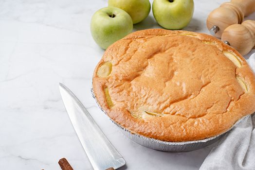 Traditional charlotte apple pie charlotte on concrete table with fresh apple and cinnamon