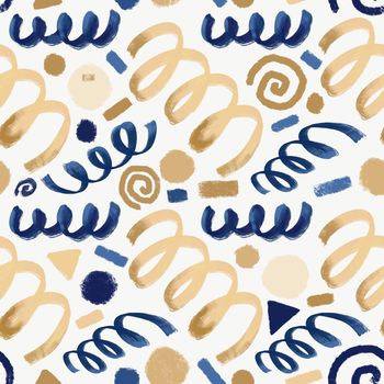 Festive seamless pattern with gold and blue confetti,swirls, stars. Christmas background for wrapping paper, surface textures, scrapbook