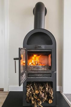 Scandinavian style metal stove. Living room. Interior element. 