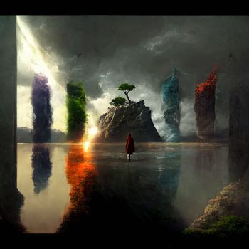 a wanderer between worlds stands in front of portals to other worlds. High quality illustration
