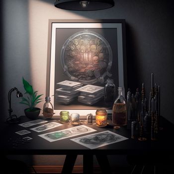 an old room with money and light bulbs on the table, a painting, bottles. High quality illustration